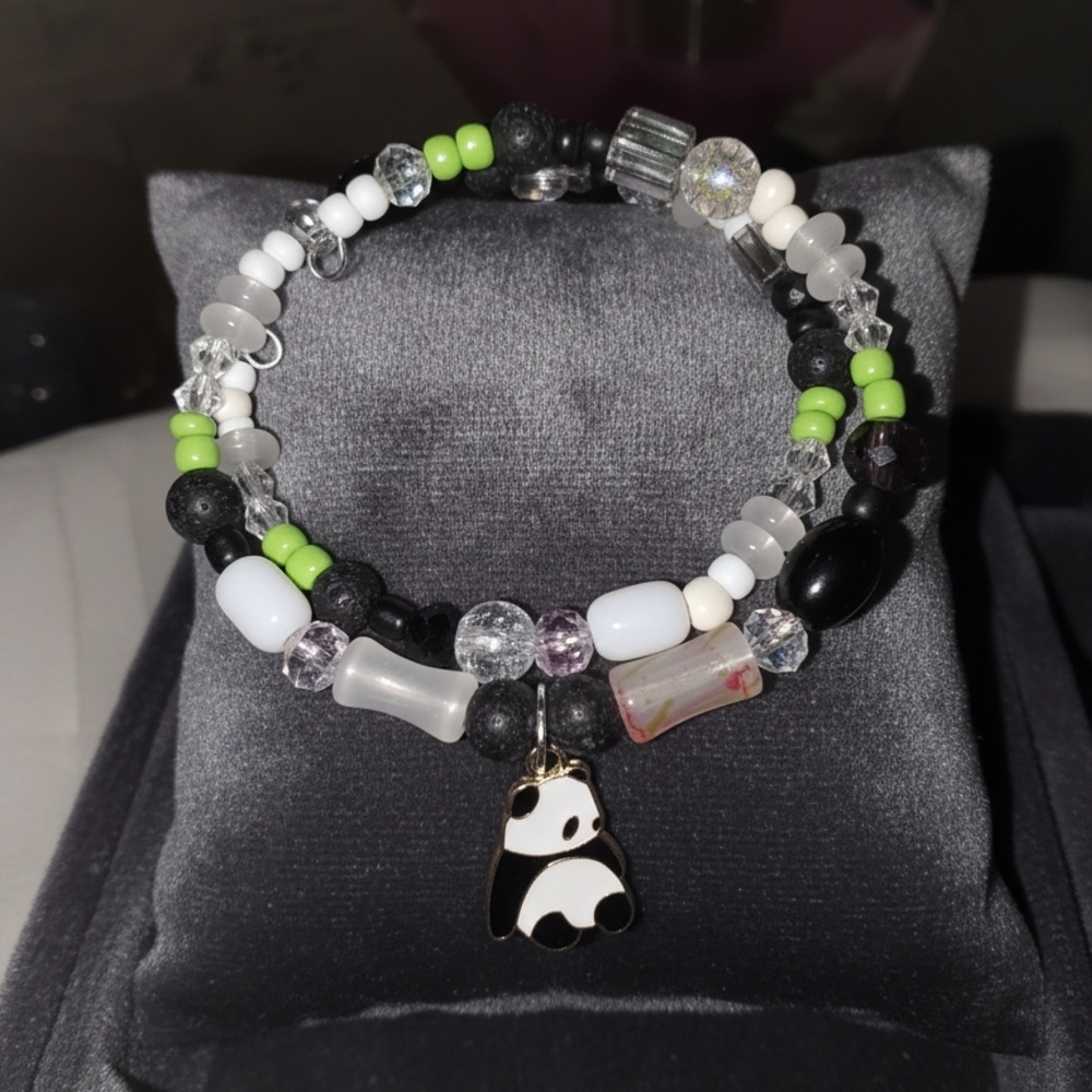 Panda Charm Beaded Bracelet - Black, White, Green